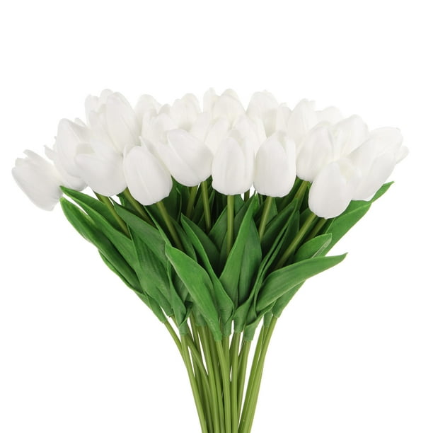 Uxcell 24Pcs Tulipanes Falsos Artificiales, Tulipanes Artificiales de PU con Tacto Real y Tallos, Blancos