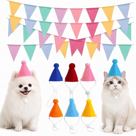 6-Pack Pet Birthday Hats, Felt Party Hat Set with Banner for Small Pets