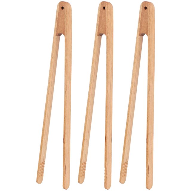 Pinzas para ensalada, pinzas para pan, pinzas para panecillos, pinzas ergonómicas para bufé de cocina, pinzas para servir de madera para barbacoa, tostadora, 3 piezas