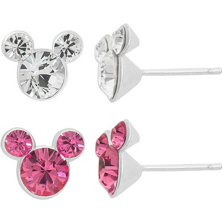 Disney Mickey Mouse Sterling Silver Pink and Clear Crystal Stud Earrings Set
