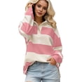 thumbnail image 2 of Women Striped Color Block Polo Sweatshirt Lapel Collared Long Sleeve Oversized Shirt Trendy Spring Clothes (Pink L), 2 of 5