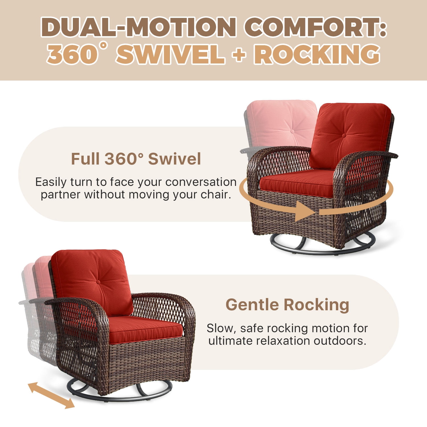 BaPiPro 6-Piece Outdoor Swivel Rocker Wicker Patio Furniture Set, All-Weather Resistant Brown Rattan Conversation Set with Wine Red Cushions & Tempered Glass Side Tables for Porch, Deck, Backyard