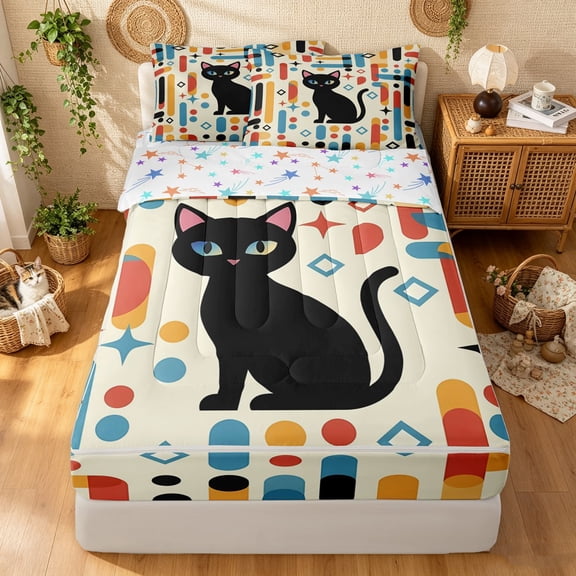 Manfei Mid Century Black Cat Zipper Twin Comforter Sets with Fitted Sheet and 2 Pillowcases, Boho Rectangle Zipper Bedding Set, Cream Red Blue, Stars Reversible, 4 Pieces