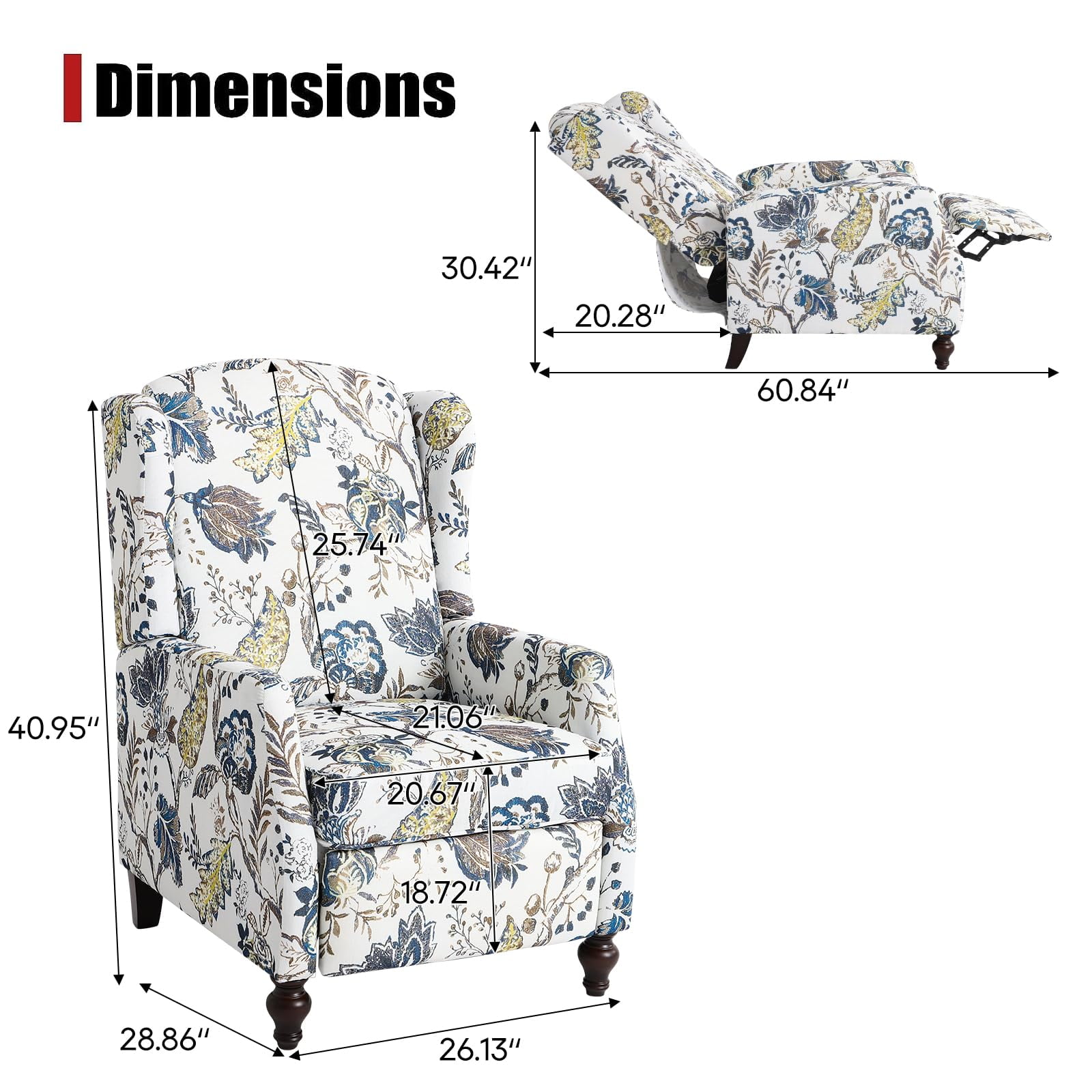 Upholstered Wingback Recliner Chair - Traditional Push Back Recliner - Fabric Floral Recliner Chair