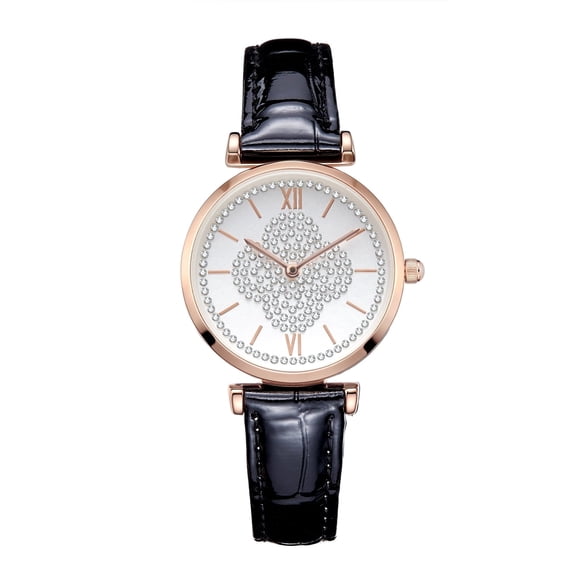 Women's Watch Four-Leaf Clover Black Leather Strap, Ladies Wristwatch Analog Quartz with Diamond Roman Number Mark Waterproof