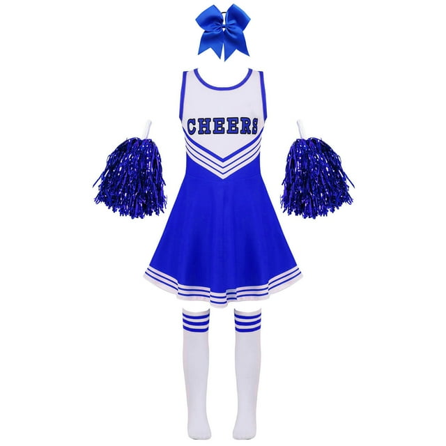 Manyakai Robe de Cheerleading pour Filles Enfants Tenue de Performance Tenue de Danse Costumes de Cheerleader avec Pompons Ensemble de Chaussettes Bleu E 140