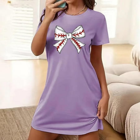 Women s Nightgown Round-neck Chemise Sleepwear Lace Nightwear Soft Lingerie for Women  4- Purple  Large