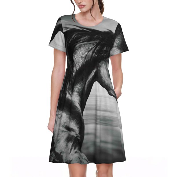Balery Running Horse Vestidos sueltos de manga corta para mujer, vestidos de verano 2025, vestidos casuales de corte A con vuelo.
