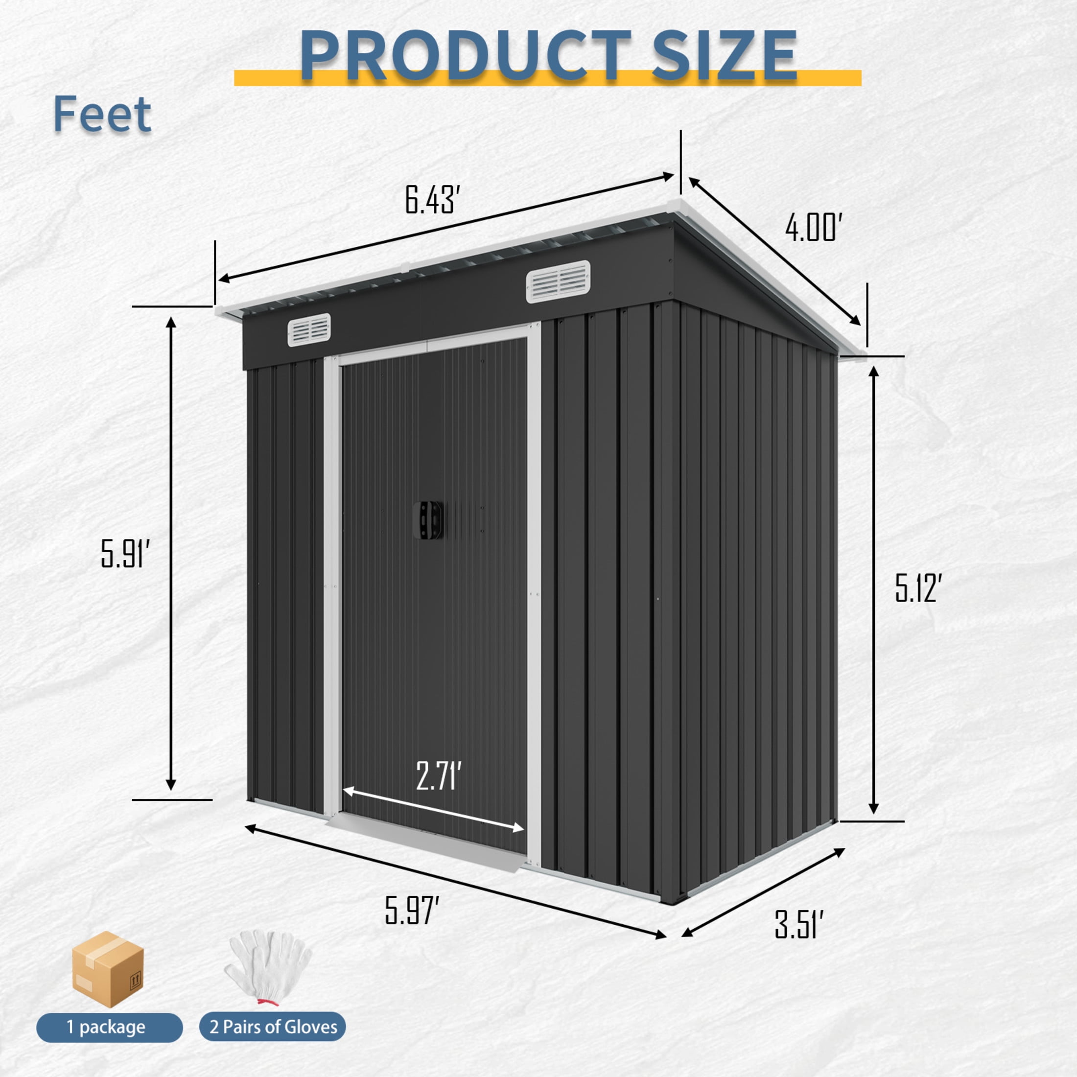 Noble House 6x4 FT Galvanized Steel Storage Shed with Air Vents, Sliding Double Door Outdoor Garden Tool Shelter, Black