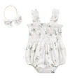 thumbnail image 2 of Miaouyo  Newborn Baby Girl Summer Romper Jumpsuit Floral Print Elastic Bust Shoulder Straps Romper Bow Headband，0- 24 Months, 2 of 9