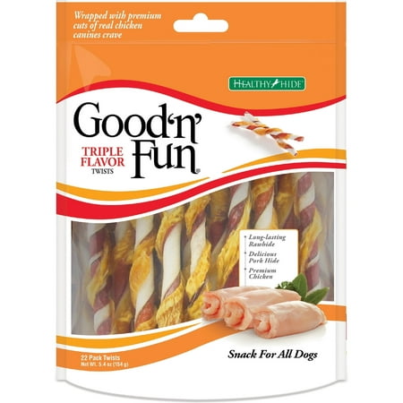 Good'n'Fun Triple Flavor Rawhide Twists Chews for Dogs, 22 Count (5.4