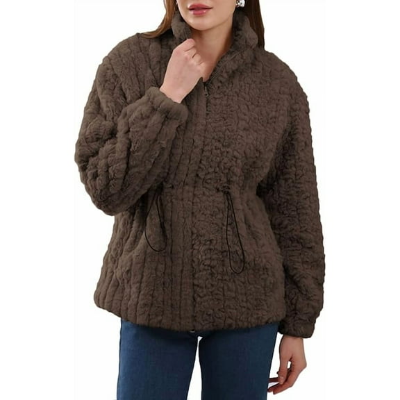 Amazhiyu Womens Faux Fur Coat Winter Zip Up Drawstring Fuzzy Jacket with Pockets
