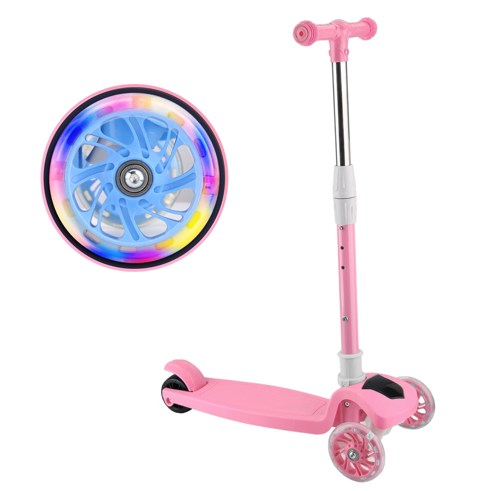 Folding Kids Kick Scooter Adjustable Height Led Light Large Big Wheel Girls Pink 