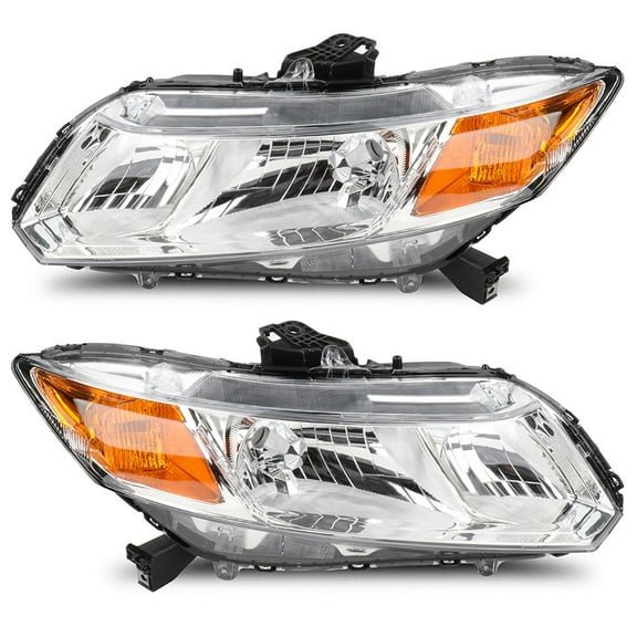 Pair of Headlight Assembly Fits For Honda Civic 2012-2015 Chrome Housing Amber Reflector Clear Lens HO2502150 HO2503150 (Bulbs Not Included)