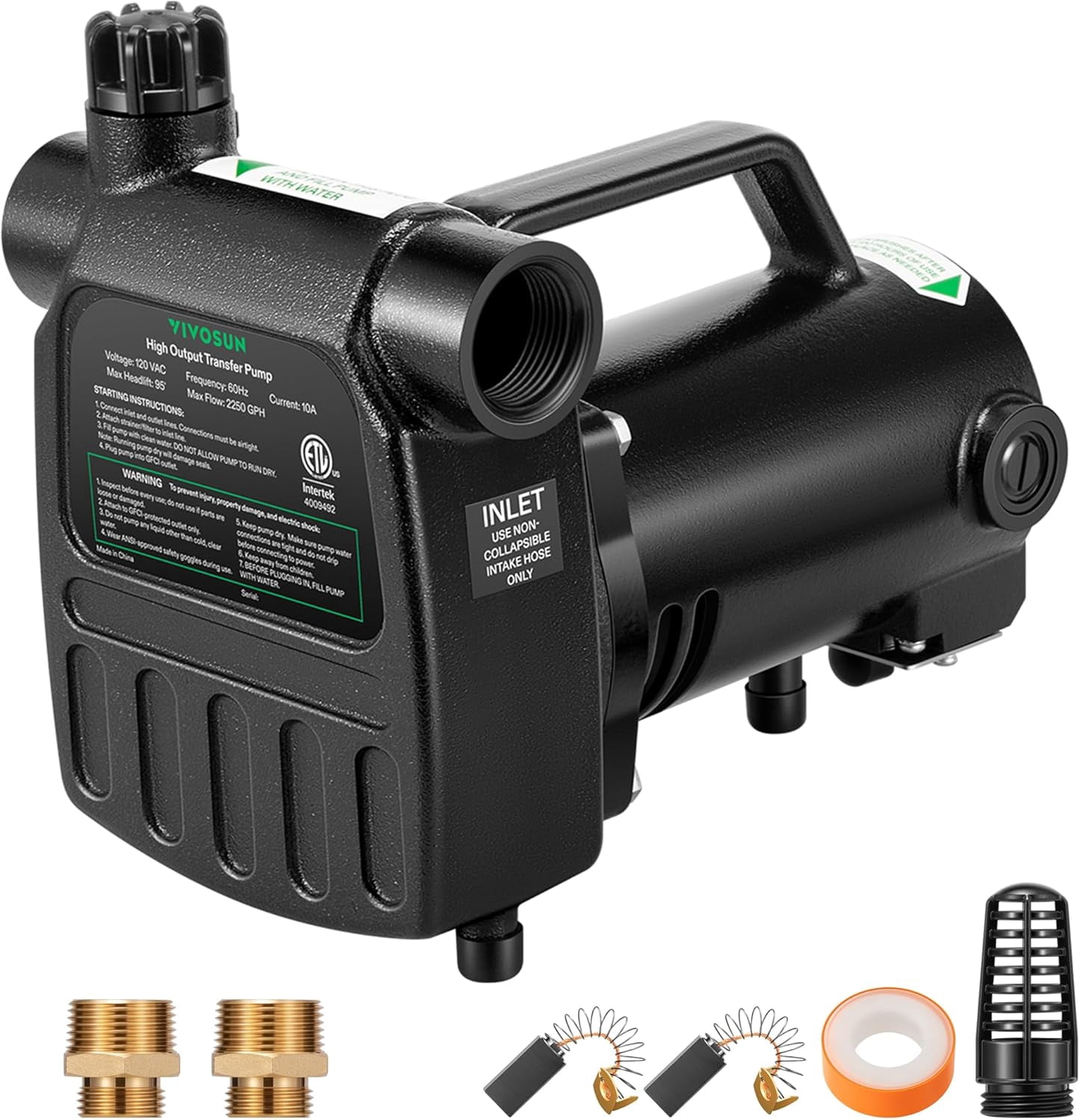1HP Water Transfer Pump, 2700GPH Cast Iron Casing Water Transfer Utility Pump with ON/OFF Switch, Hose Adapters, Brass Connectors and Suction Strainer for Pools, Ponds, Aquariums, Black