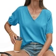 thumbnail image 3 of Summer Short Sleeve Women V Neck Solid Puff Sleeve T Shirt, 3 of 6