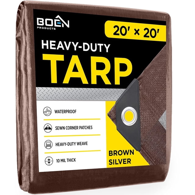 Lona resistente impermeable cubierta grande | Marrón/Plata 20' X 20' 10 Mil de espesor | Lonas a prueba de desgarros | Material de tejido grueso resistente a los rayos UV, ideal para toldo de lona, ??