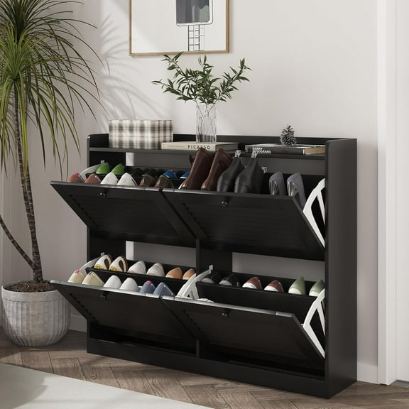 Large Shoe Storage Cabinet with 4 Flip Drawers, Narrow Shoe Rack Organizer for Entryway, Adjustable Shelves, Freestanding, Wooden Legs, Black