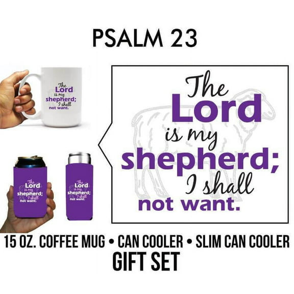 Psalm 23 Religious Coffee Mug & Can Cooler Gift Pack (13731), 15 Ounce Mug, 1 Standard and 1 Slim Can Cooler