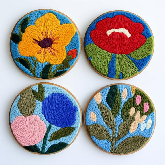 4 Set DIY Punch Needle Coaster Kits Abstract Cute Flowers Easy for Beginners with Adhesive Felt Hoop Punch Needle Embroidery Starter Set with Pattern for Drink Cups Mat Home Decor-4