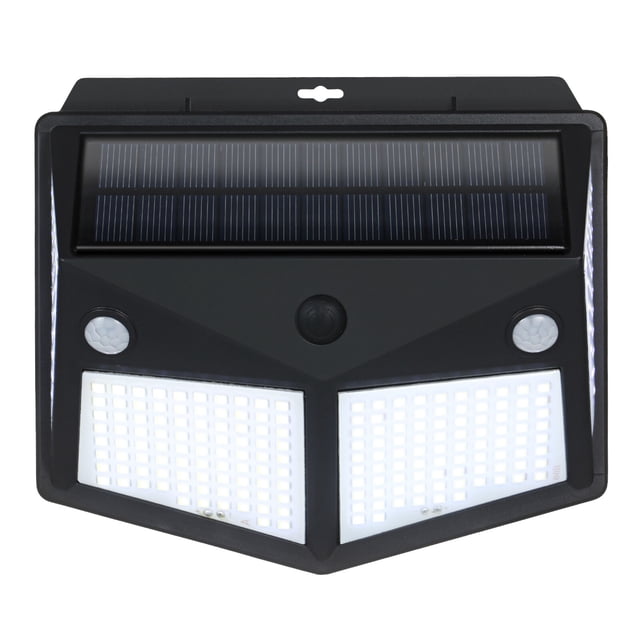 Lámpara solar para exteriores con 280 LED, 3 modos de detección, resistente al agua IP65, ideal para jardines, patios y balcones, incluye tornillos de instalación y manual de usuario.