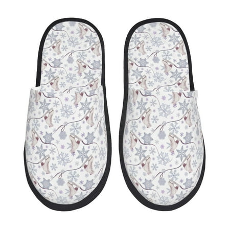 Balery Elegant ice skates snowflakes Slient Indoor Furry Fleece Comfort House Shoes Soft Non-Slip Home Shoes Cotton slippers House Slippers-- Medium