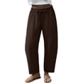 thumbnail image 2 of Women's Linen Wide Leg Barrel Capri Pants, Elastic High Waist Loose Cropped Trousers with Pockets, Breathable Summer Casual 7/8 Length Pants for Vacation Daily Office Wear Brown L, 2 of 8