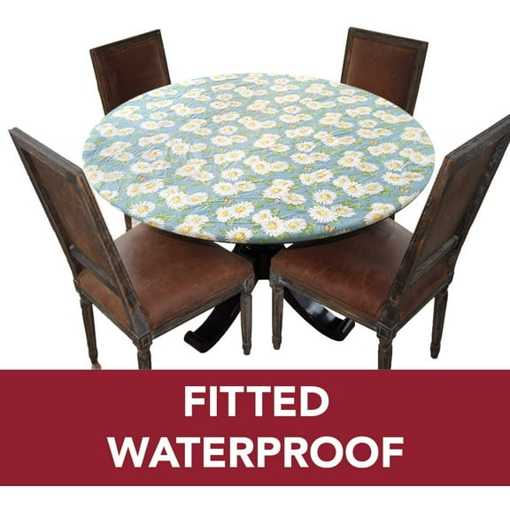 Covers For The Home Deluxe Elastic Edged Flannel Backed Vinyl Fitted Table Cover - Daisy Pattern -Extra Large Round - Fits Tables up to 57" - 65"