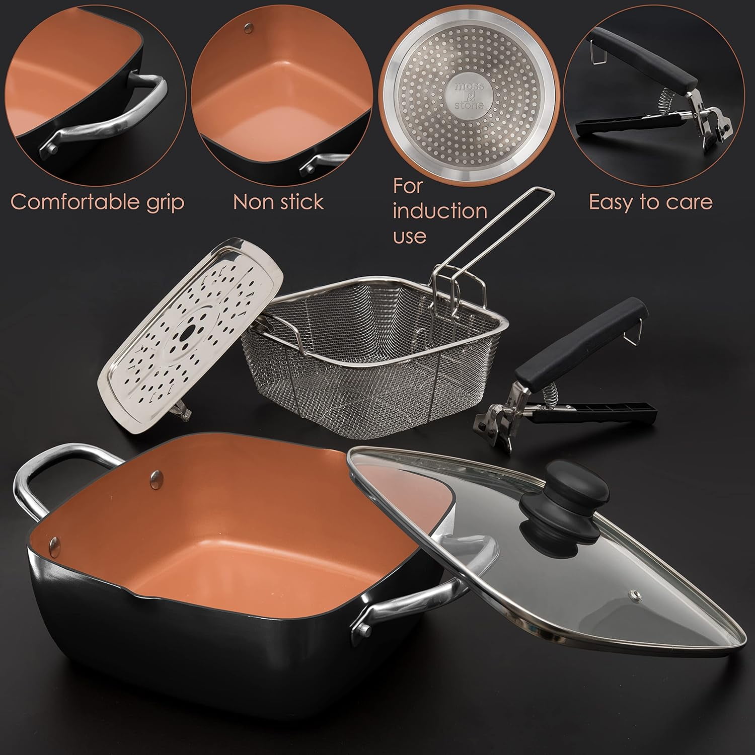 Moss & Stone Copper 5 Piece Set Chef Cookware, 9.5” Non Stick Pan, Deep Square Pan, Fry Basket, Steamer Tray, Dishwasher & Oven Safe, 5 Quart Copper Pot Set, Black Induction Cookware Set