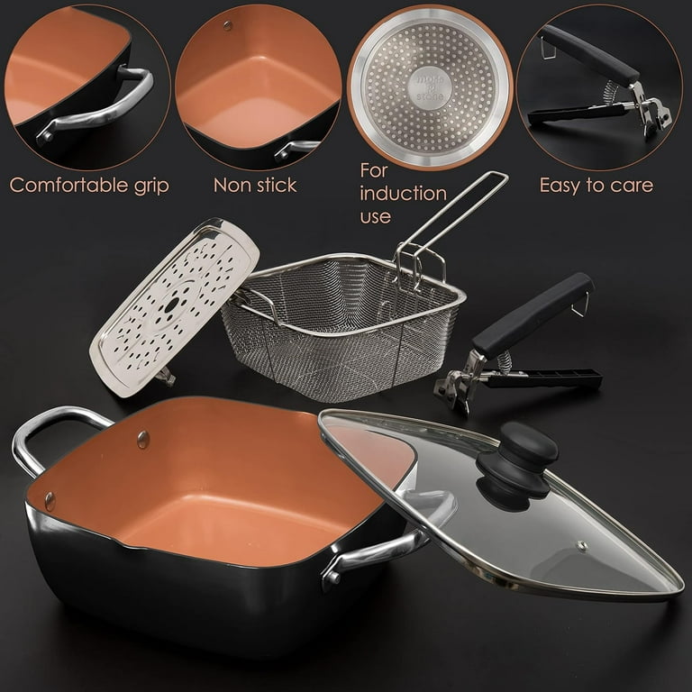 Moss & Stone Copper 5 Piece Set Chef Cookware, Non Stick Pan, Deep Square  Pan, Fry Basket, Steamer Tray, Dishwasher & Oven Safe, 5 Quart Copper Pot  Set, Black Induction Cookware Set 