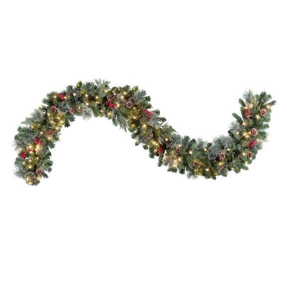Haute Decor Classic 9 Foot Long Pre-lit Christmas Garland with 100 Warm White LED Lights, Mixed Greenery, Faux Berries and Real Pinecones for Banisters, Doorways, and Mantels