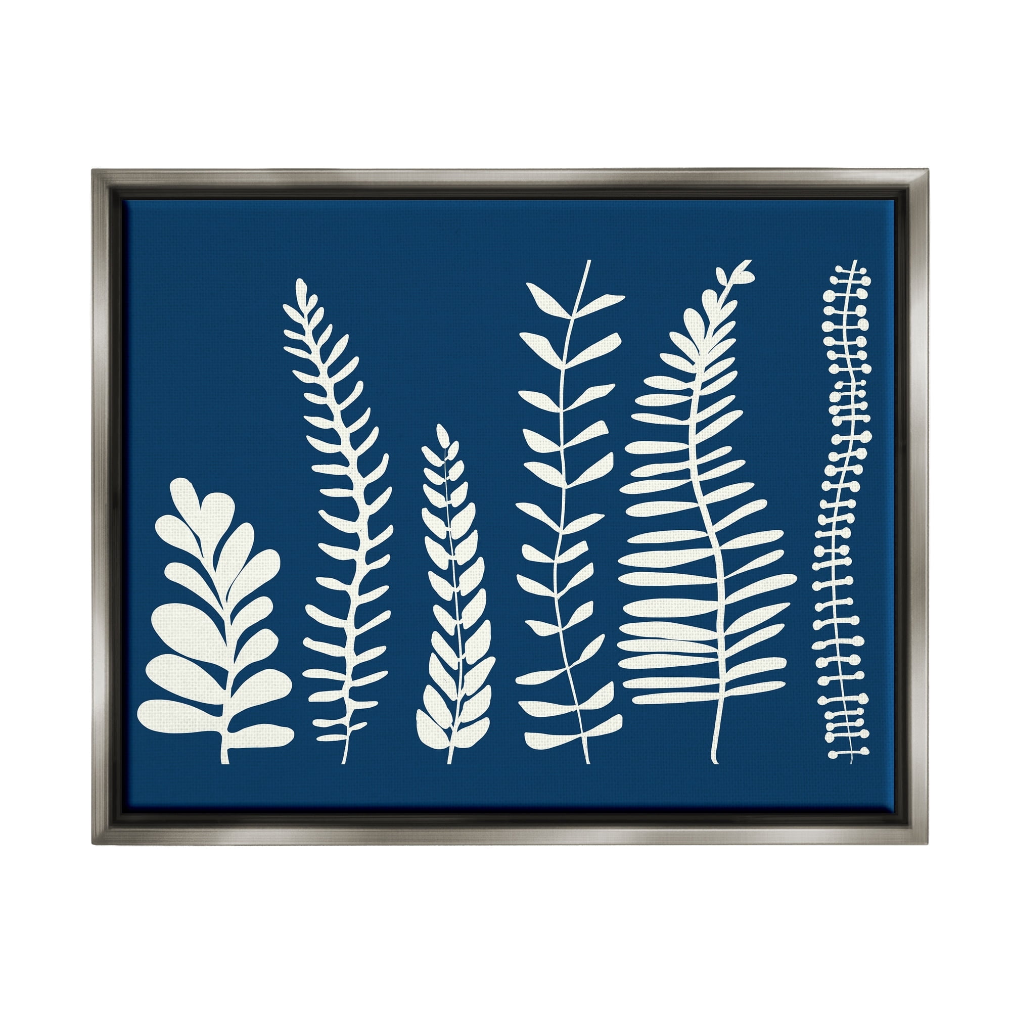 Stupell Industries Modern Fern Plant Leaves Blue Nature Silhouettes Graphic Art Luster Gray Floating Framed Canvas Print Wall Art, Design by Deborah Velasquez