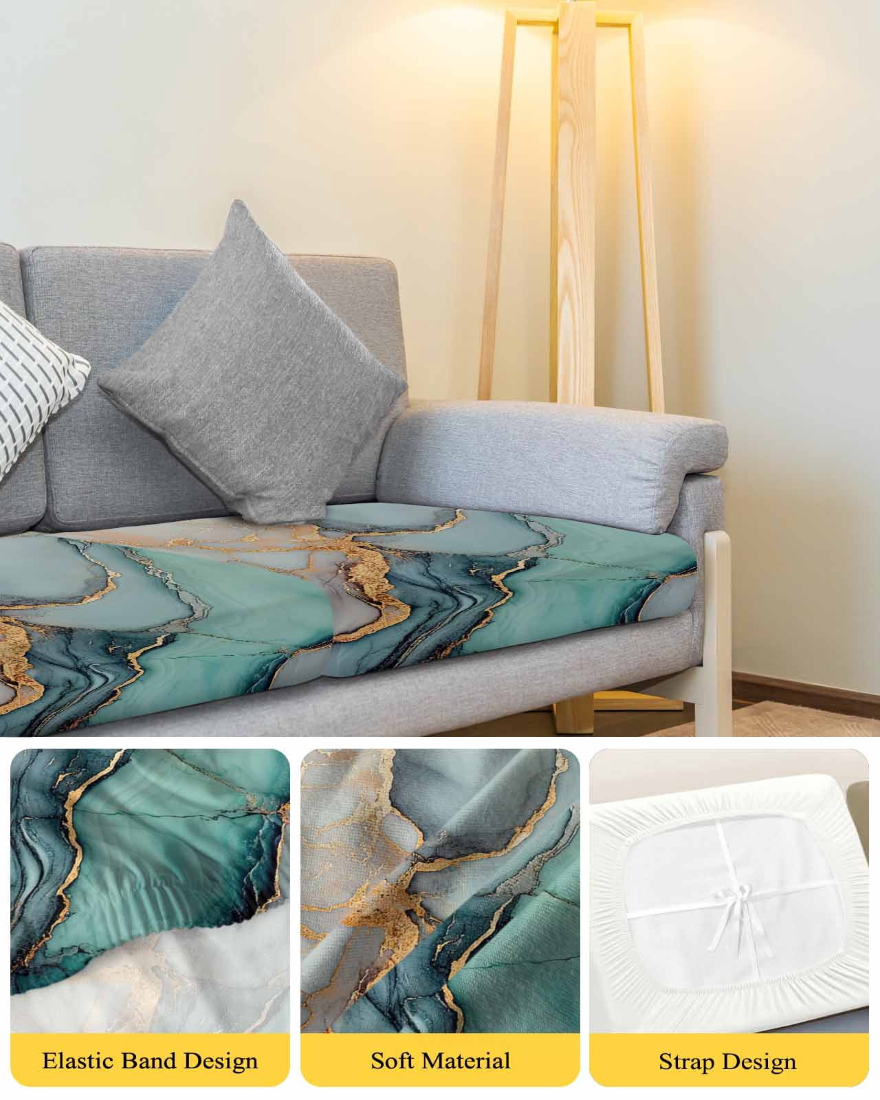 Blue Teal Marble Couch Cushion Covers, Stretch Seat Cushion Covers for Sectional Sofa, Modern Ink Painting Abstract Individual Sofa&nbsp;Slipcovers Furniture Protector with Elastic&Straps Small 1Pcs