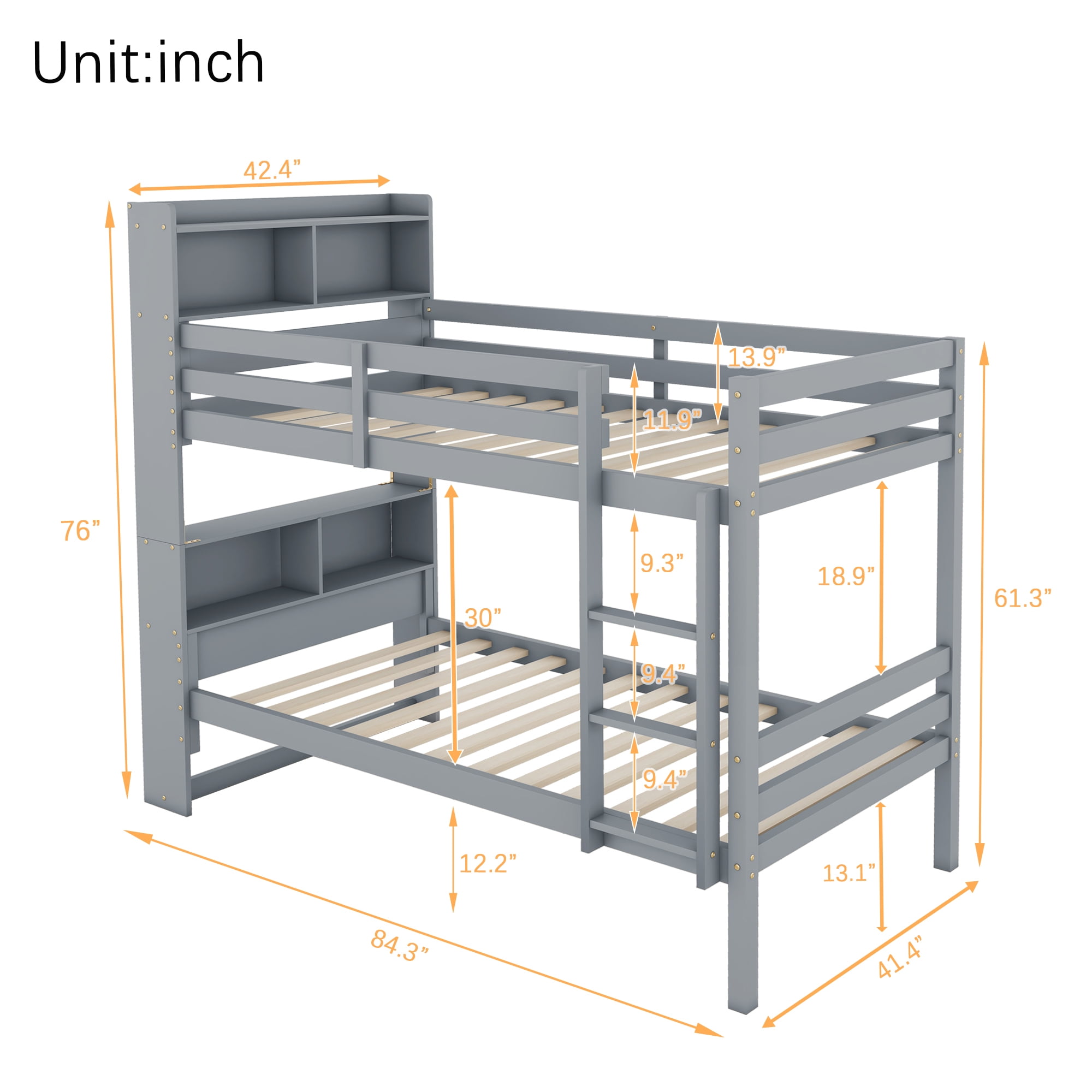 Leumius Twin Over Twin Bunk Bed with Shelves , Rubber Wood Bed with Shelves Headboard, Safety Guardrails and Ladder, Convertible to 2 Beds for Boys Girls Grey