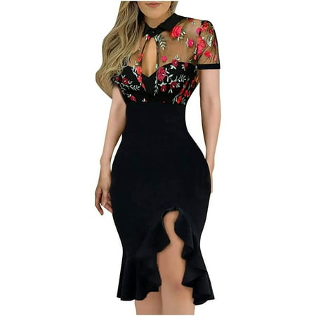 

QIIBURR Women Dress Shoes Women Slit Ruffles Hem Floral Pattern Slimming Lace Short Sleeve Dress Short Sleeve Dress