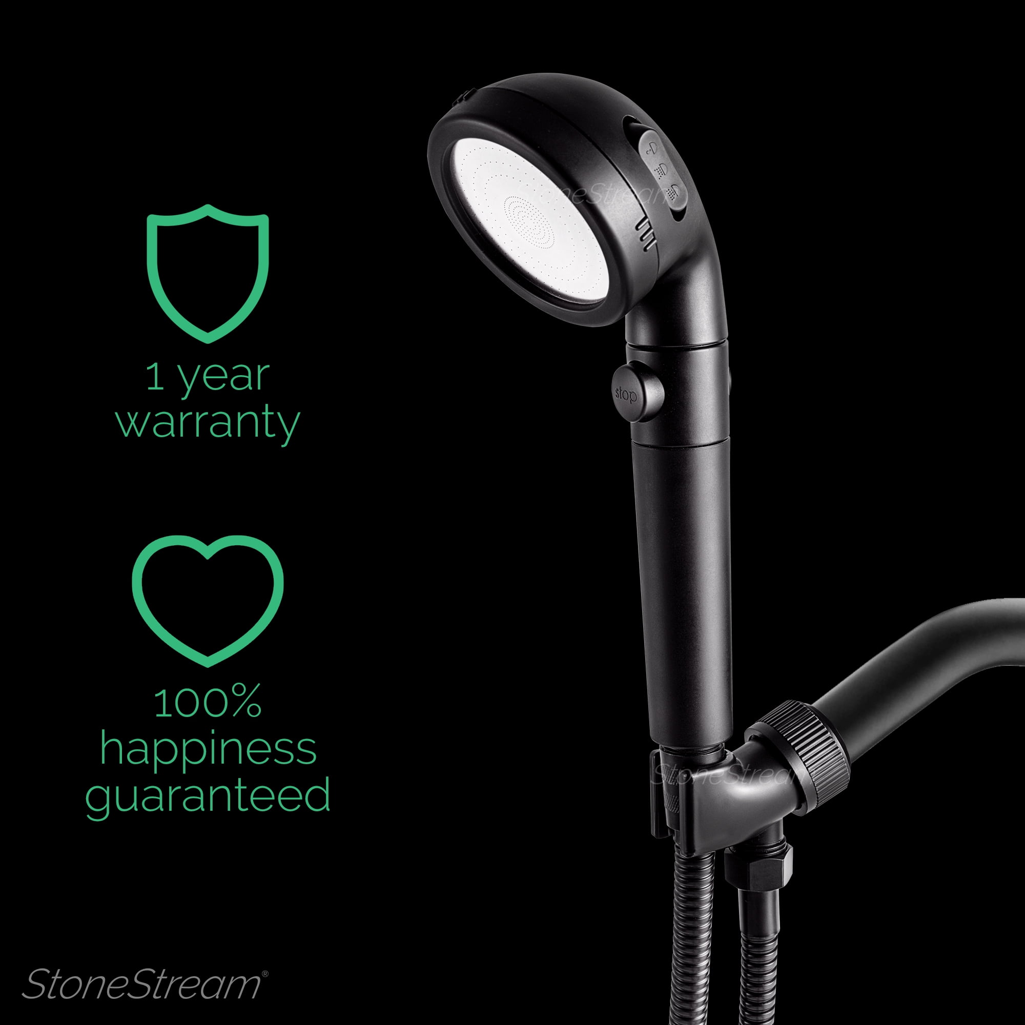 Kit StoneStream EcoPower Matte Black Handheld Showerhead and Bracket 4 pc