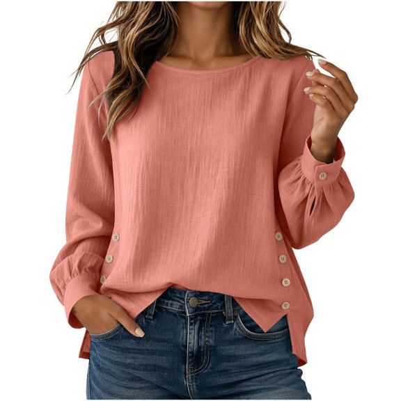 Levmjia Women's Long Sleeve Blouse Crew Neck Button Side Detail Casual Solid Color Loose Fit Top for Winter Daily Wear