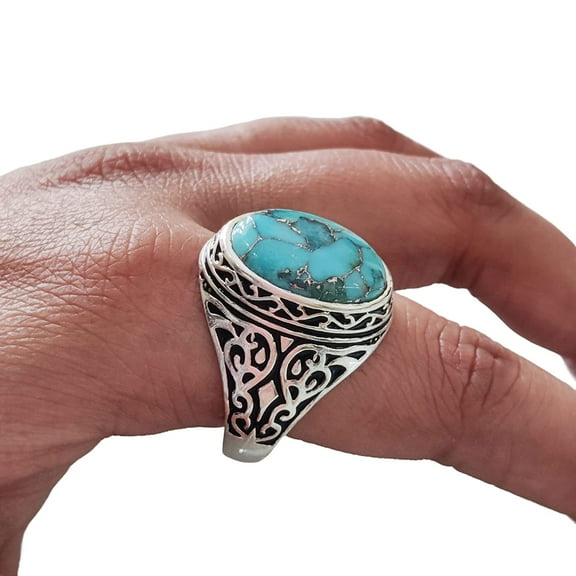 Blue Copper Turquoise Mans Ring, Natural Copper Turquoise Ring, Silver Jewelry, 925 Silver Ring, Birthday Gift, Heavy Mens Ring, Arabic Design, Ottoman Style Ring, Christmas, Turkey Mens Signet Ring