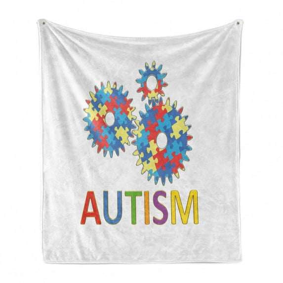Autism Soft Flannel Fleece Blanket, Colorful Design of Wording with Cogwheel Designed in Puzzle Pieces Symbolic Pattern, Cozy Plush for Indoor and Outdoor Use, 60" x 80", Multicolor, by Ambesonne
