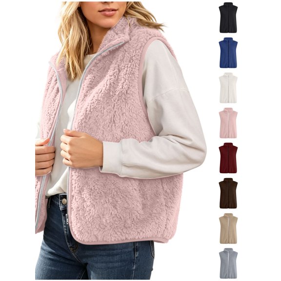 Xaqiouau Women's Fleece Vest Sleeveless Zip Up Sherpa Jacket Solid Color Casual Cozy Layering Outerwear with Stand Collar Fall Winter Warm Gilet Pink XL