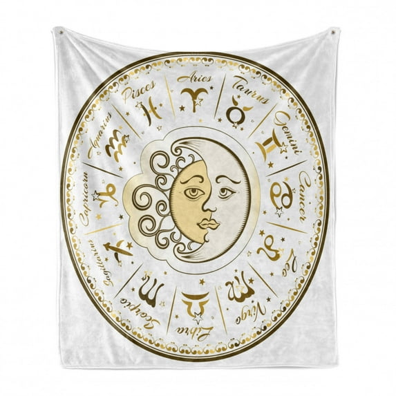 Zodiac Soft Flannel Fleece Throw Blanket, Circular Zodiac Chart Apparent Position of Sun and Moon in Centre Pattern Print, Cozy Plush for Indoor and Outdoor Use, 50" x 60", Yellow Beige, by Ambesonne