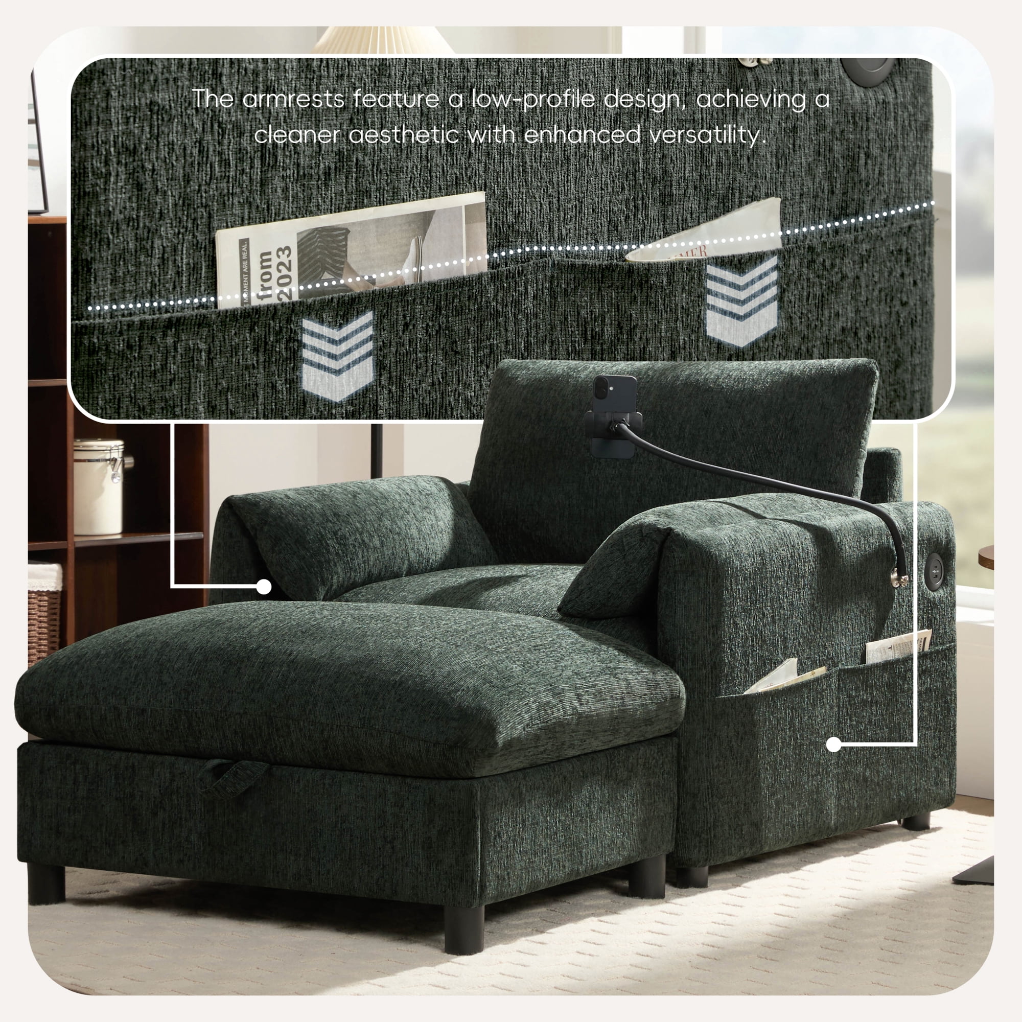 38" Accent Chair with Storage Ottoman, Single Sofa with USB Charger and Phone Holder, Wide Seat Chaise Lounge for Living Room&Apartment,Green