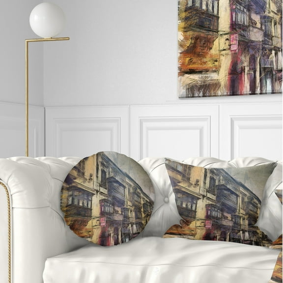 Designart Old City Street Watercolor Painting - Cityscape Throw Pillow - 12x20