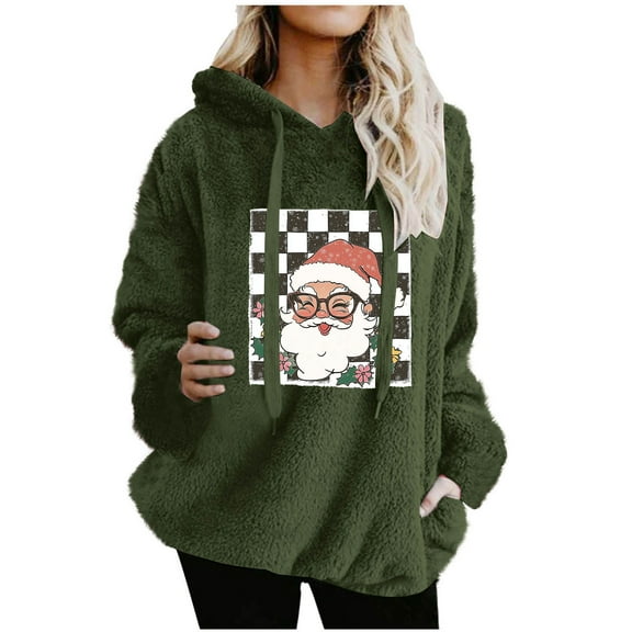 Women Fleece Christmas Hoodies Trendy Long Sleeve Fluffy Ultra Soft Xmas Santa Graphic Plaid Sweatshirt with Pocket