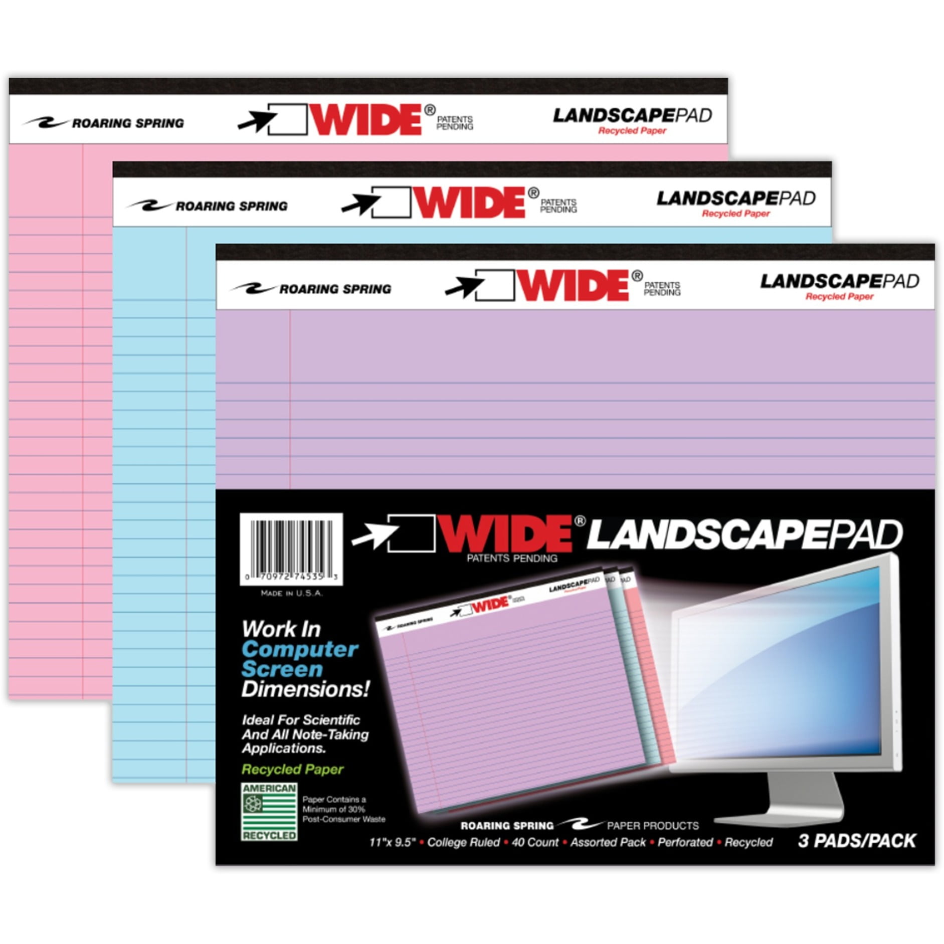 Roaring Spring Wide College Ruled Landscape Colored Legal Pad, 1 Case (12 Total 3 Packs), 11" x 9.5" 40 Sheets, Assorted Colors