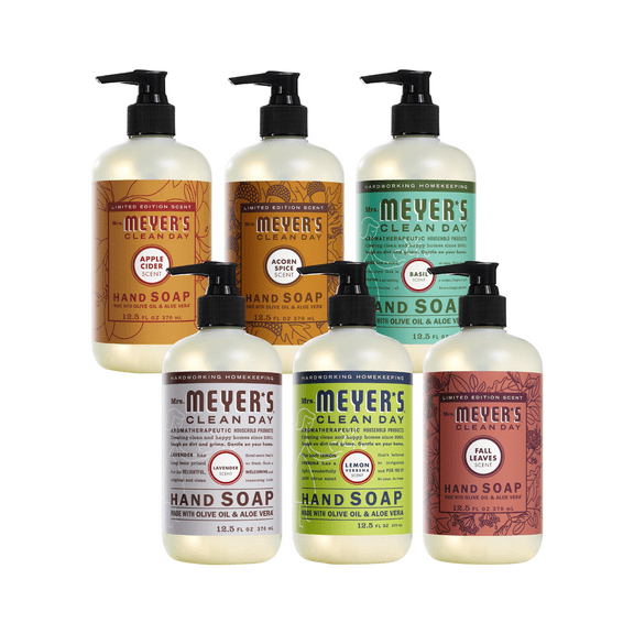MRS. MEYER'S CLEAN DAY Liquid Hand Soap Variety Pack, Lavender, Lemon Verbena, Basil, Acorn Spice, Apple Cider, Fall Leaves, 12.5 fl oz Each, 1 CT