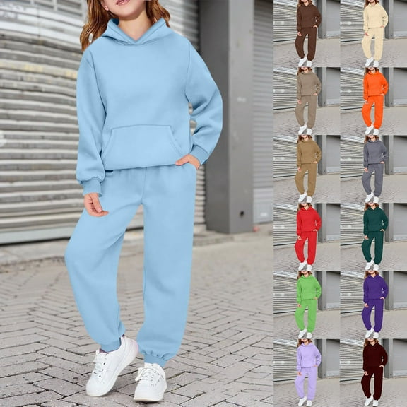 Hpapadks Girls Outfits Kids Long Sleeve Solid Hooded Hoodie Jogger Pant Soft Comfy Athletic Loungewear Sweatsuit Girls' Clothing Sets