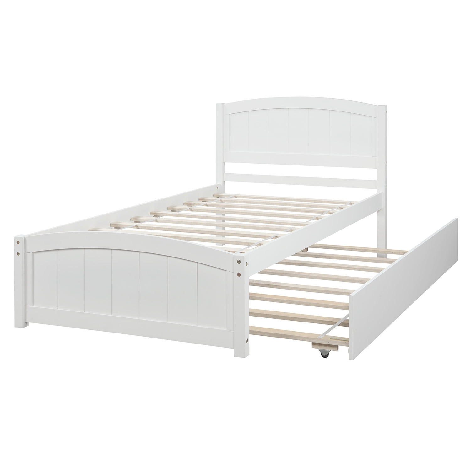 Aukfa Platform Bed with Trundle - Solid Wood Twin Size Bed Frame - White