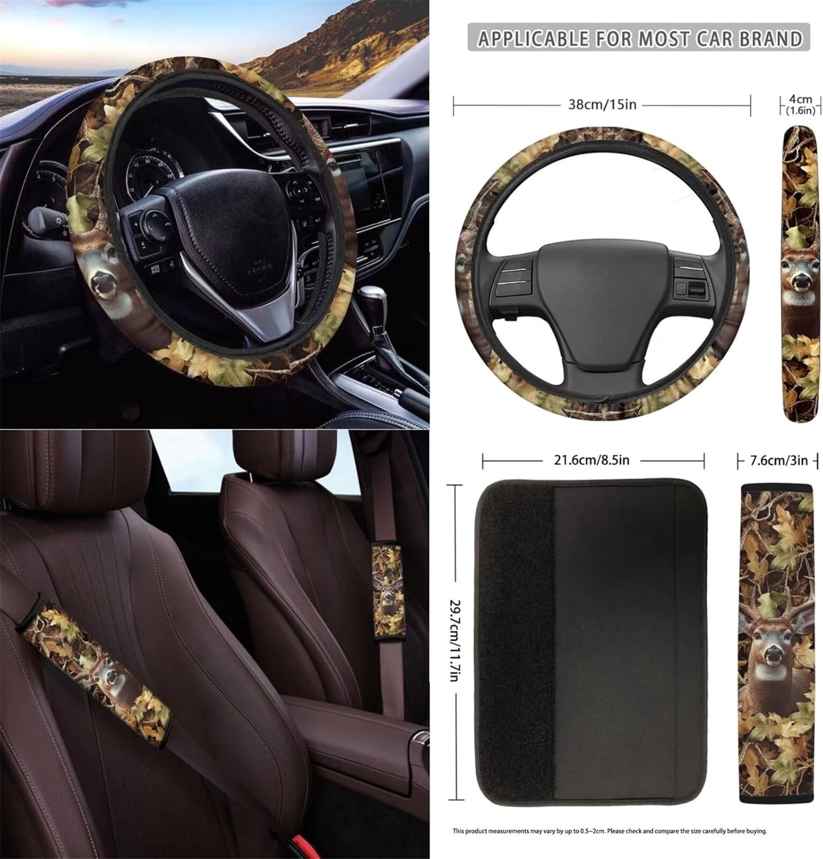 Yuyamidu Deer Car Front Seat Covers Full Set Camo Hunting Steering Wheel Cover Seat Belt Pads Armrest Cover Coasters Trash Bag Air Vent Bag Rearview Mirror Cover Keychain 12 PCS Auto Accessories