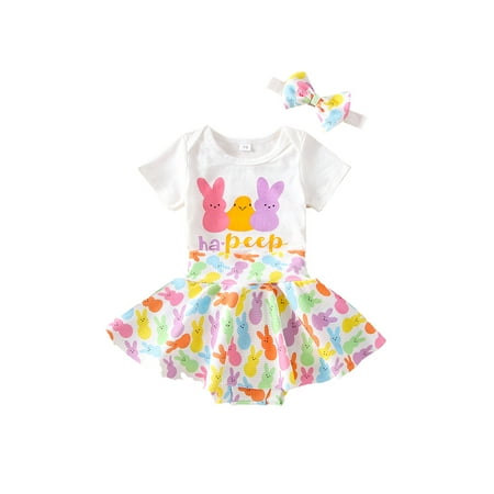 

Licupiee Toddler Girl 3PCS Clothing Suit Cartoon Easter Rabbit Print Round Neck Romper Top+High Waist Ruffle Shorts+Bow Headband